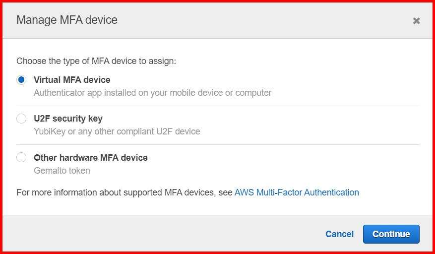 Picture showing the popup window with Virtual MFA device radio button